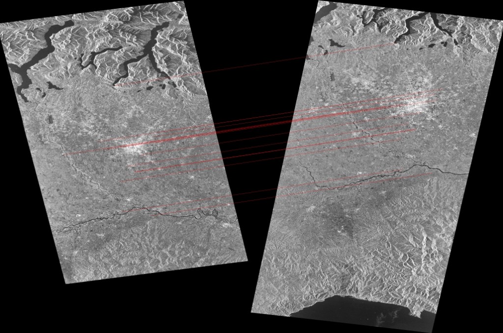 Example of image co-registration Sentinel-1 Stripmap collected in northern Italy from different orbits (ascending on the left and descending on the right). Copernicus Sentinel data [2015]. Data processing: Politecnico di Milano.